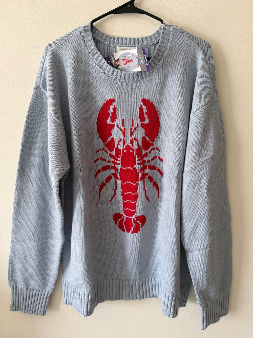 Mighty Fine Light Blue Crewneck Sweater with Red Lobster
